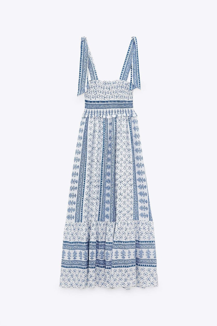 Liora | Printed Shirred Strap Midi Dress