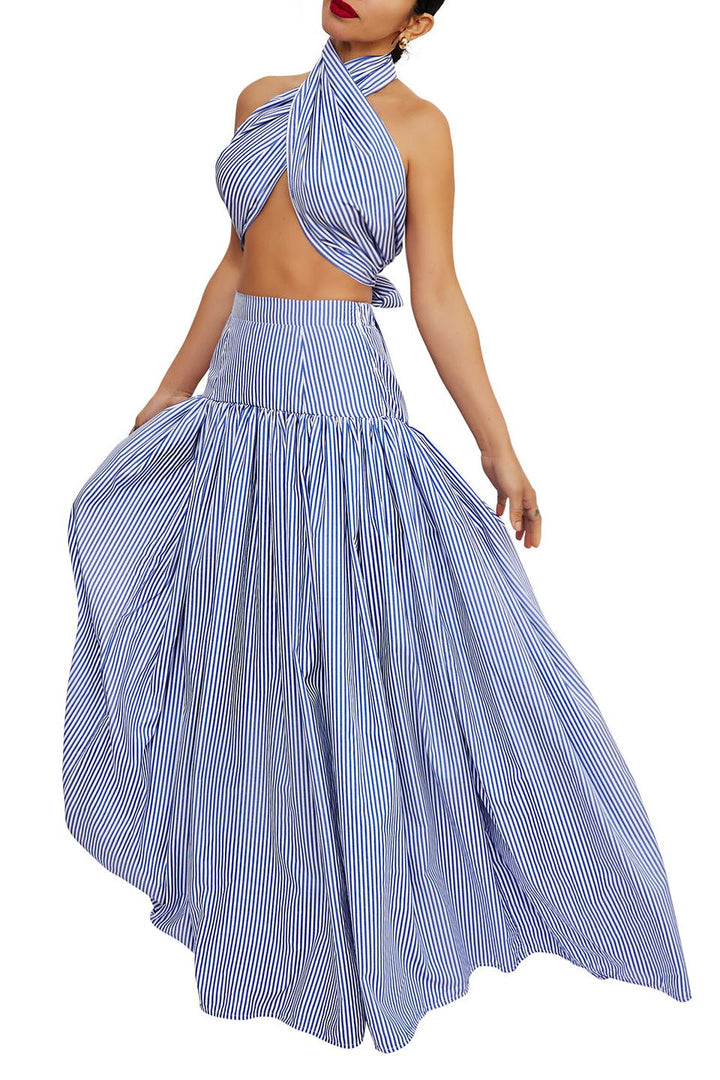 Elani | Striped Shirt & Pleated Skirt Set