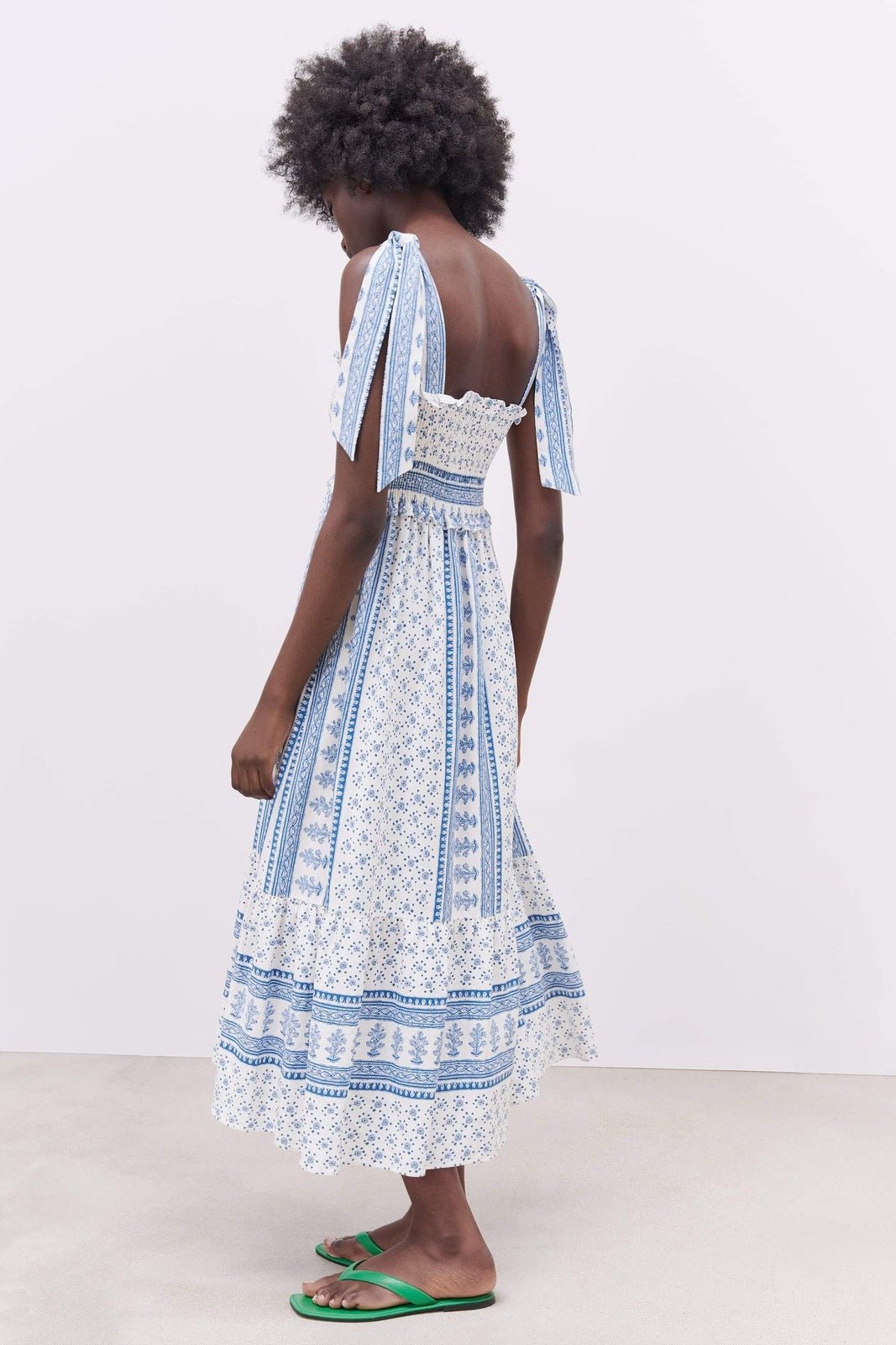 Liora | Printed Shirred Strap Midi Dress