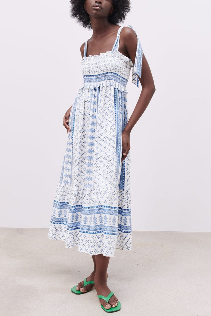 Liora | Printed Shirred Strap Midi Dress