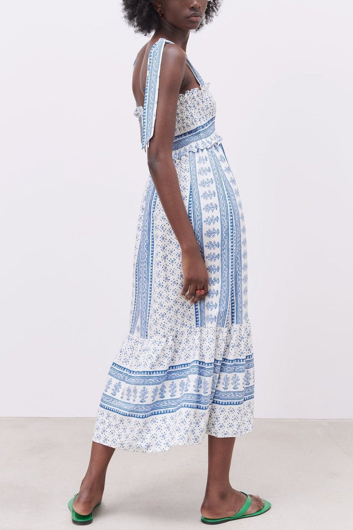 Liora | Printed Shirred Strap Midi Dress