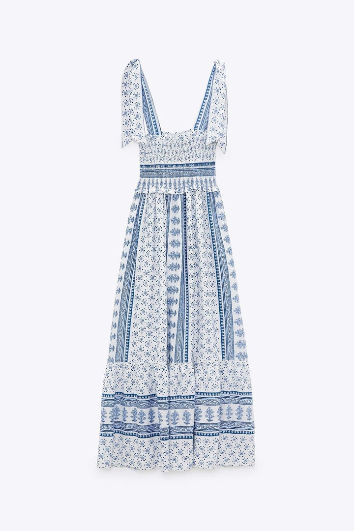 Liora | Printed Shirred Strap Midi Dress