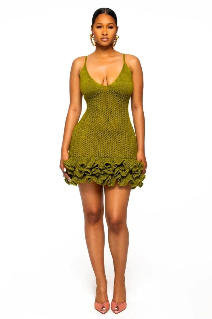 Aluna | V-neck Ruffle Hem Knit Mini Dress